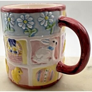 Easter Bunny Coffee Mug 3D Relief Chick Eggs Basket Flowers Spring 12 oz